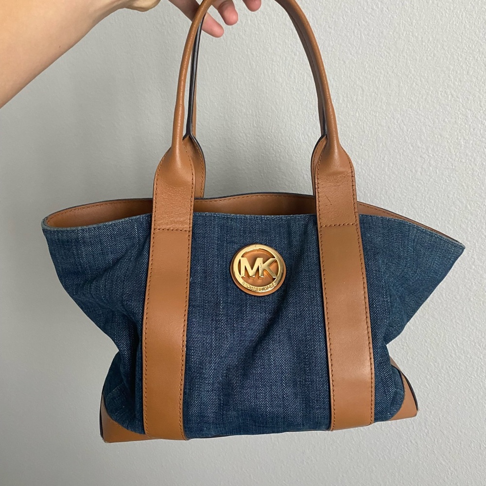 Michael Kors Blue Denim Tote with Tan Leather Trim